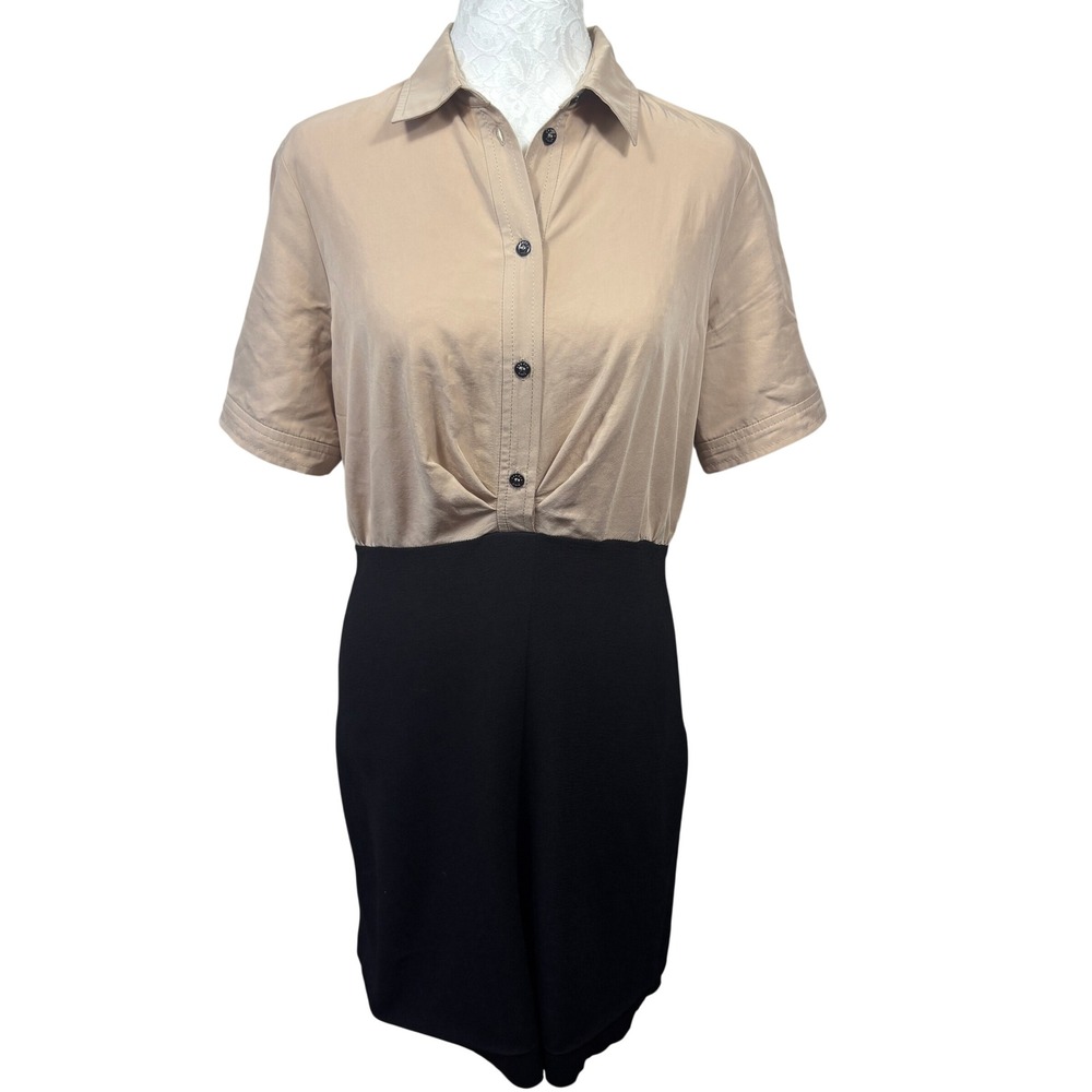 Sandro Paris Tan Black Colorblock Short Sleeve Pencil Skirt Shirt Dress Women 38